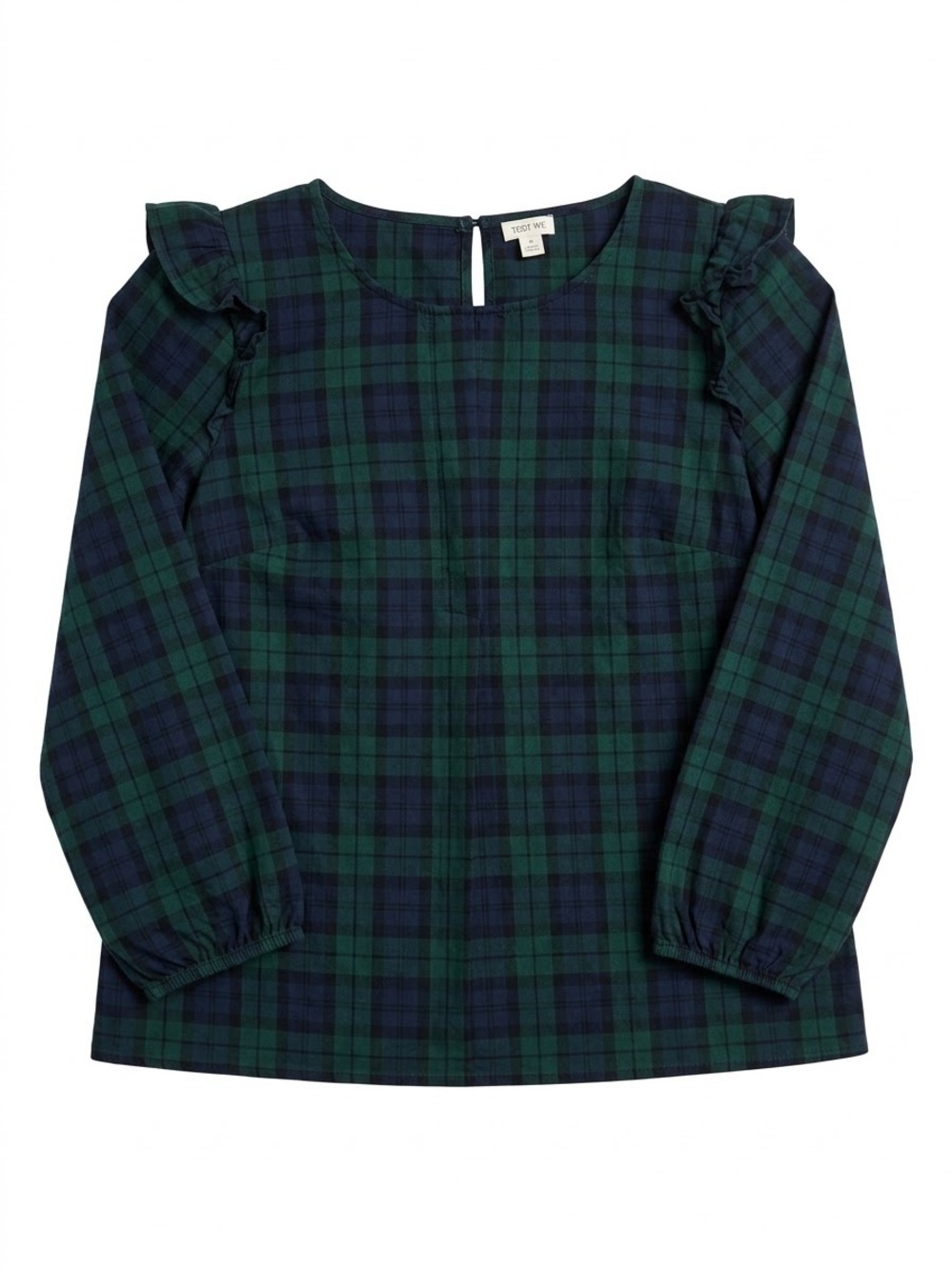 J. Crew Navy and Green Plaid Ruffle-Shoulder Long Sleeve Top